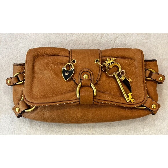 Vintage Y2K Tan Juicy Couture Leather Charms Mini Skeleton Key Purse Bag Clutch